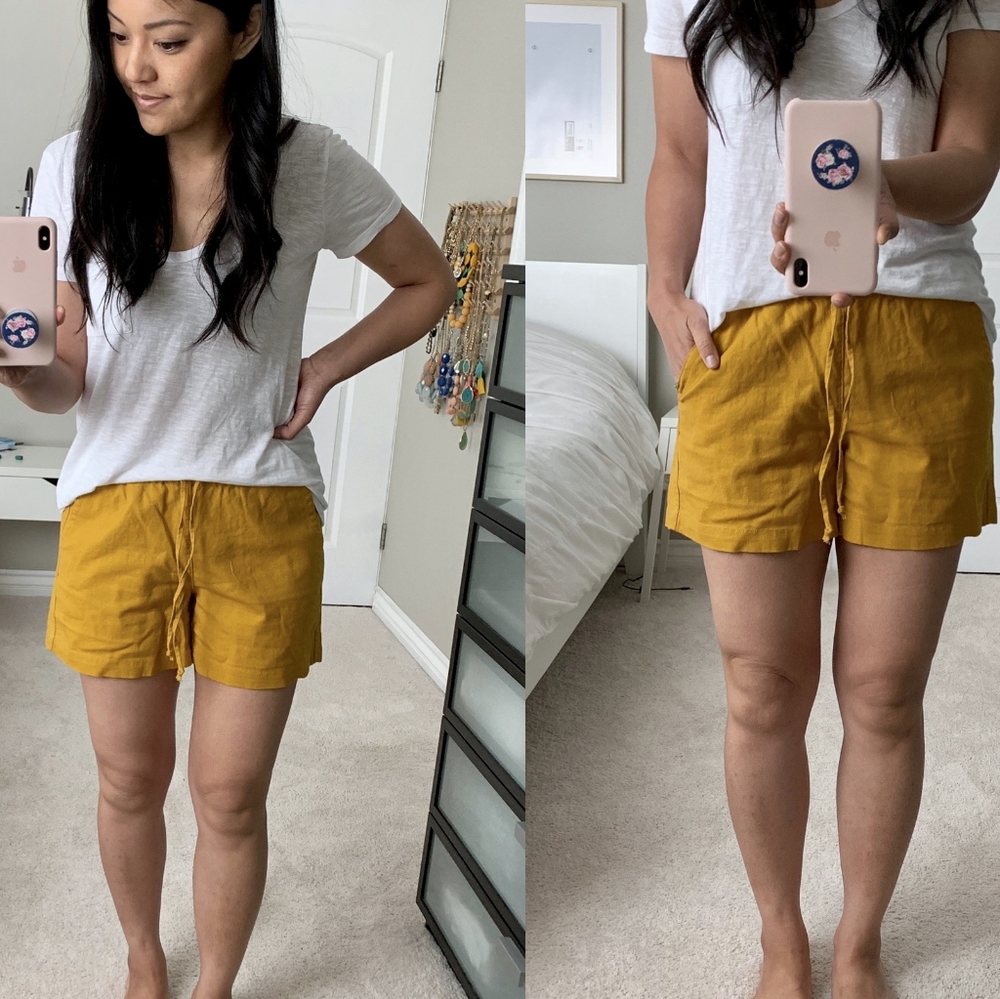 Old Navy mustard yellow linen tie front shorts